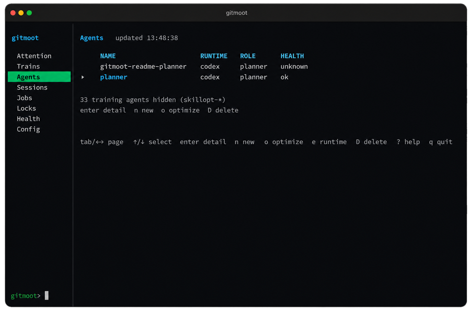 Gitmoot dashboard with agent rows and dashboard controls.